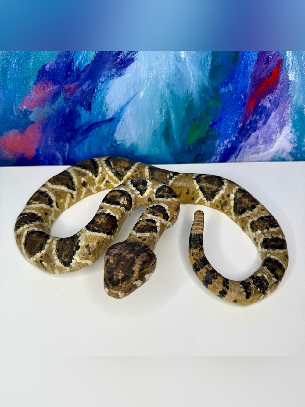 Rattlesnake 3D Sculpture Carved Painted Wood Vintage 1990s Signed Folk Art Snake